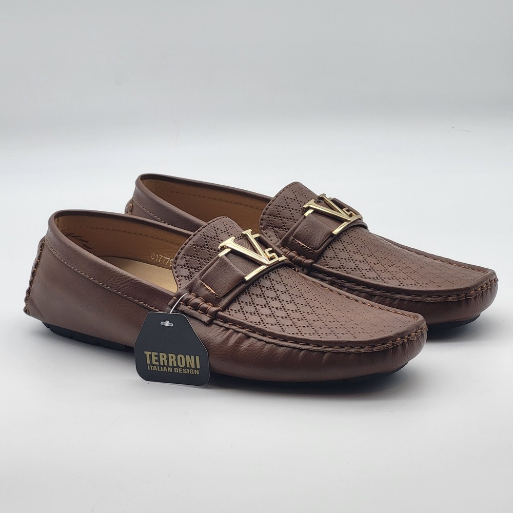 Terroni Italian Design Loafer Men's Size 8.5 Argyle Pattern Cognac W/Gold Buckle